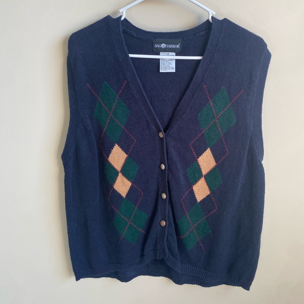 Vintage navy blue argyle sweater vest with silver buttons